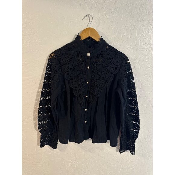 Tops - Y Black Cotton Goth Alt Wednesday Addams Style Victorian Lace Collared Blouse